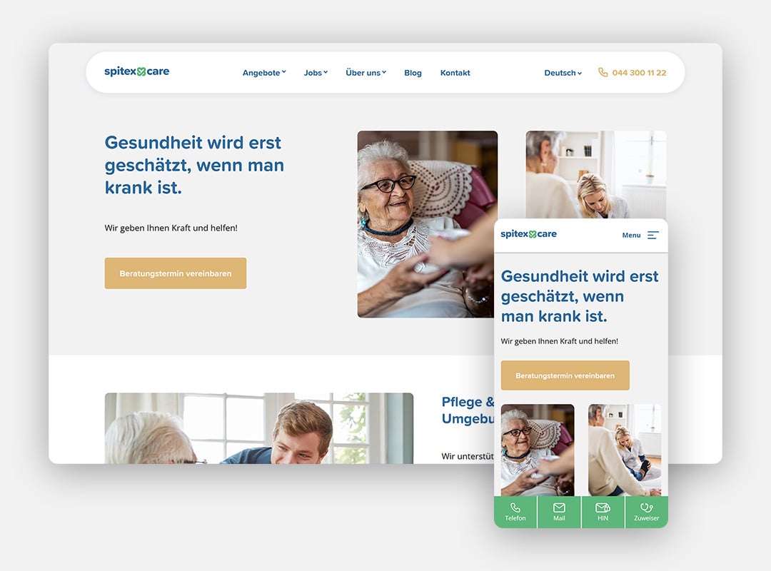 Screenshot nach dem Website Redesign mit HubSpot von SpitexCare