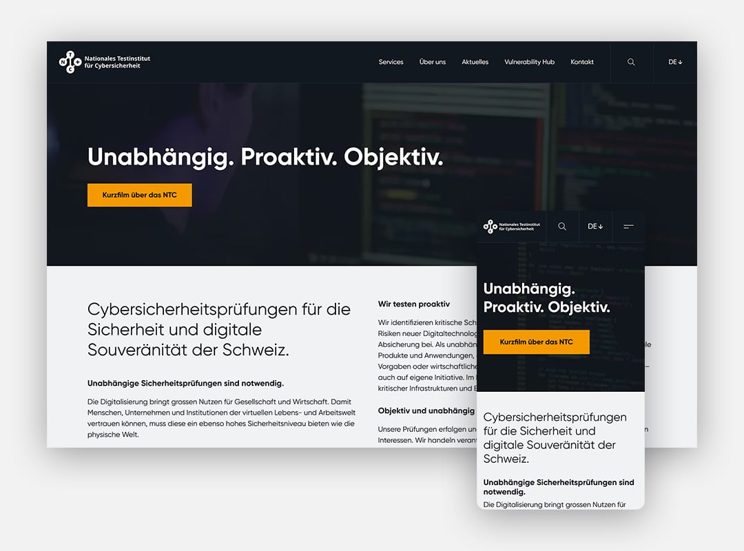 Screenshot nach dem Website Redesign mit HubSpot der Website des Nationalen Testinstitutes für Cybersicherheit NTC